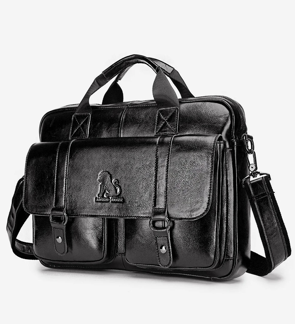 Men's Genuine Leather Briefcase - 15.6" Laptop Bag with Double Front Pockets