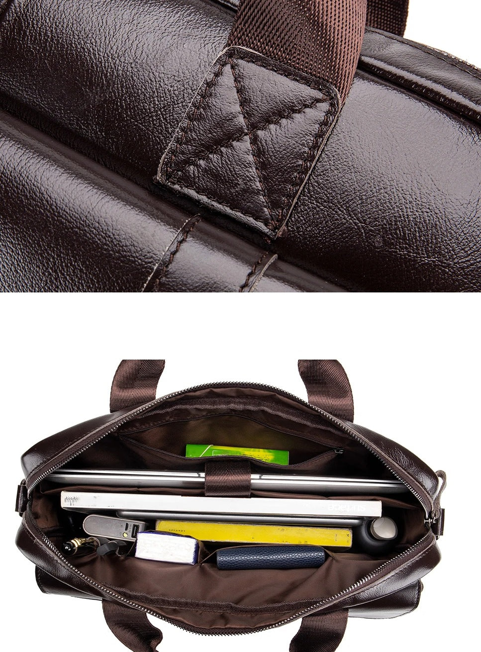 Men's Genuine Leather Briefcase - 15.6" Laptop Bag with Double Front Pockets