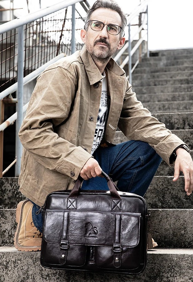 Men's Genuine Leather Briefcase - 15.6" Laptop Bag with Double Front Pockets