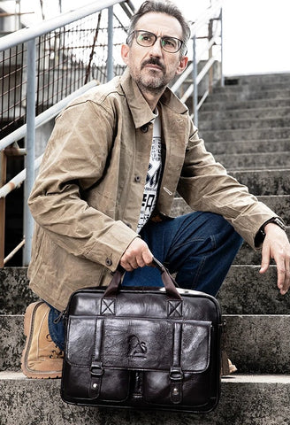 Men's Genuine Leather Briefcase - 15.6" Laptop Bag with Double Front Pockets