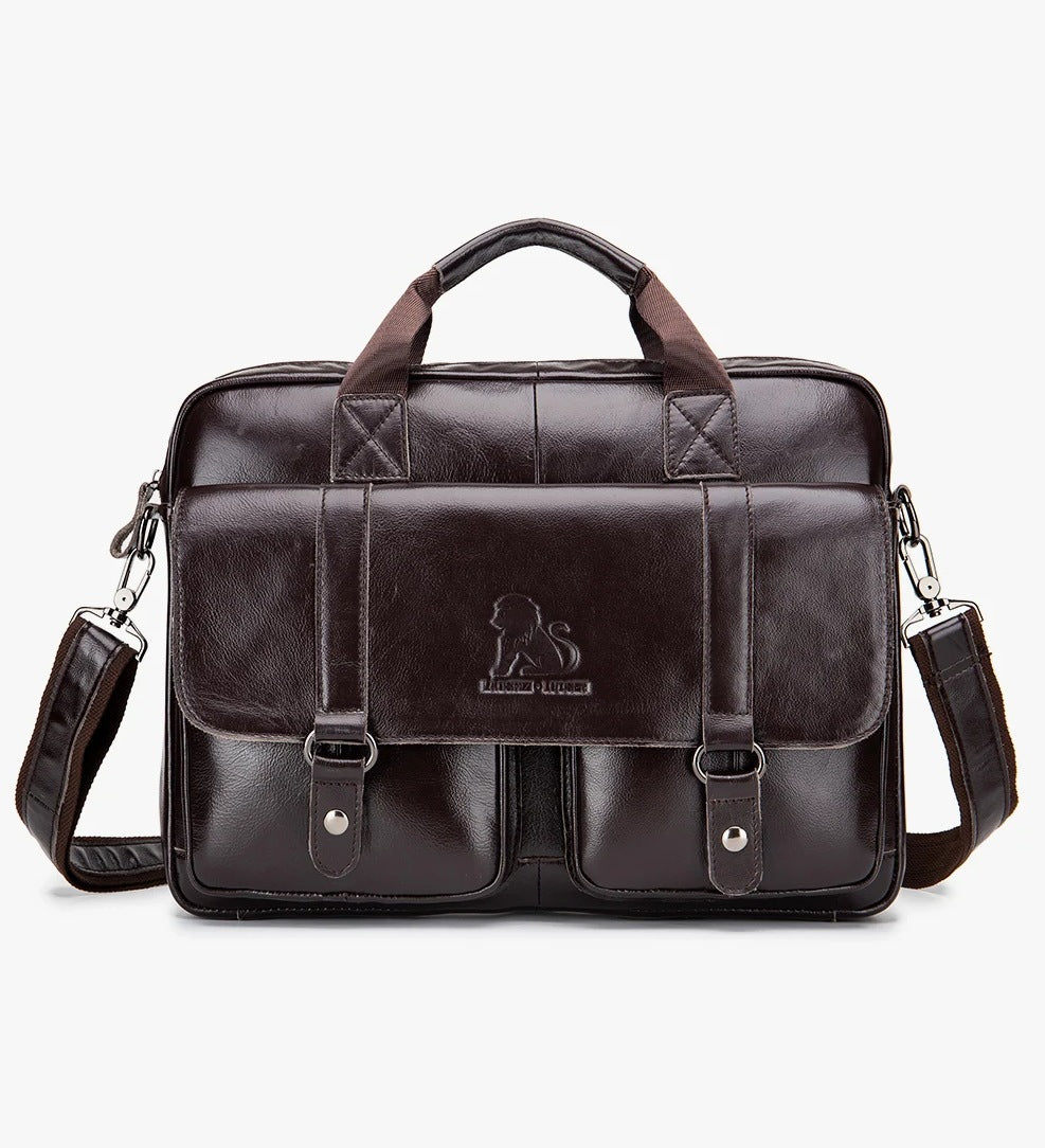 Men's Genuine Leather Briefcase - 15.6" Laptop Bag with Double Front Pockets