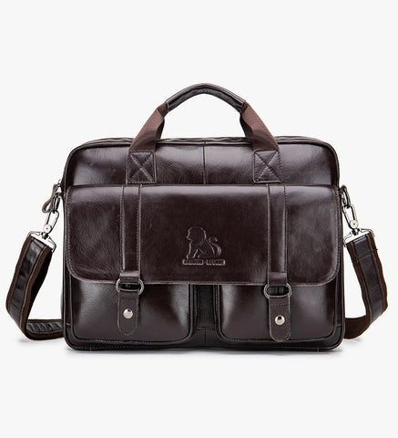 Men's Genuine Leather Briefcase - 15.6" Laptop Bag with Double Front Pockets