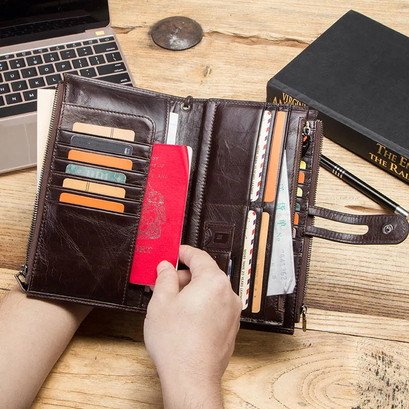 Men & Women Genuine Leather Wallet - Long Wallet for Cell Phone, Coin Purse, Travel Bag, Money Bag, Passport Holder