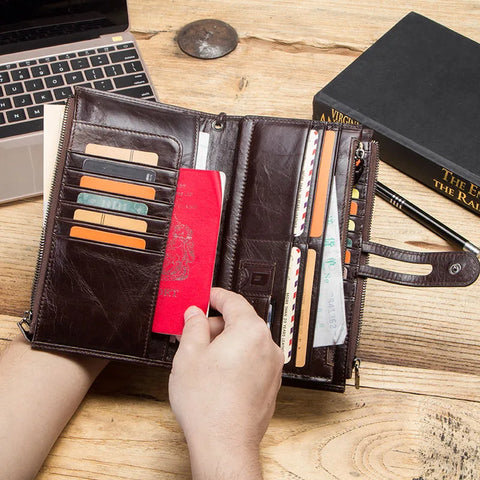 Men & Women Genuine Leather Wallet - Long Wallet for Cell Phone, Coin Purse, Travel Bag, Money Bag, Passport Holder