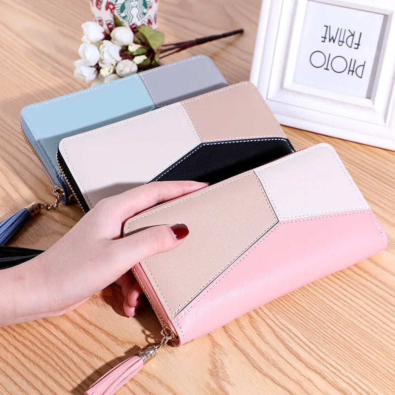 Women's Trendy Wallet with Long Tassel Contrasting Color Zipper Hand-Held Bag Large Capacity Wallet