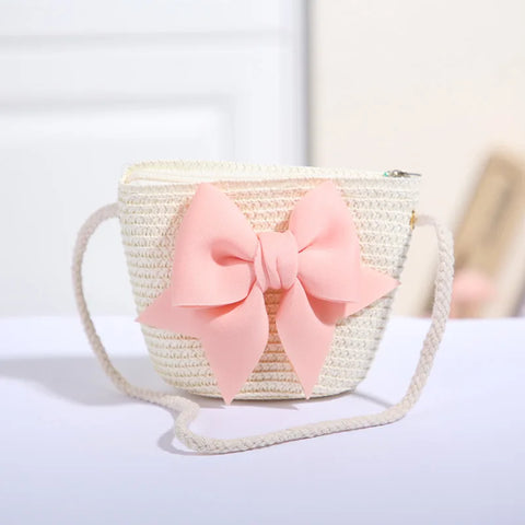 Sweet Bow Girls Shoulder Bag, Braided Summer Handbag, Kids and Girls Coin Purse Wallet, Children Messenger Bags, Woven Material