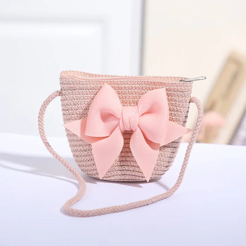 Sweet Bow Girls Shoulder Bag, Braided Summer Handbag, Kids and Girls Coin Purse Wallet, Children Messenger Bags, Woven Material