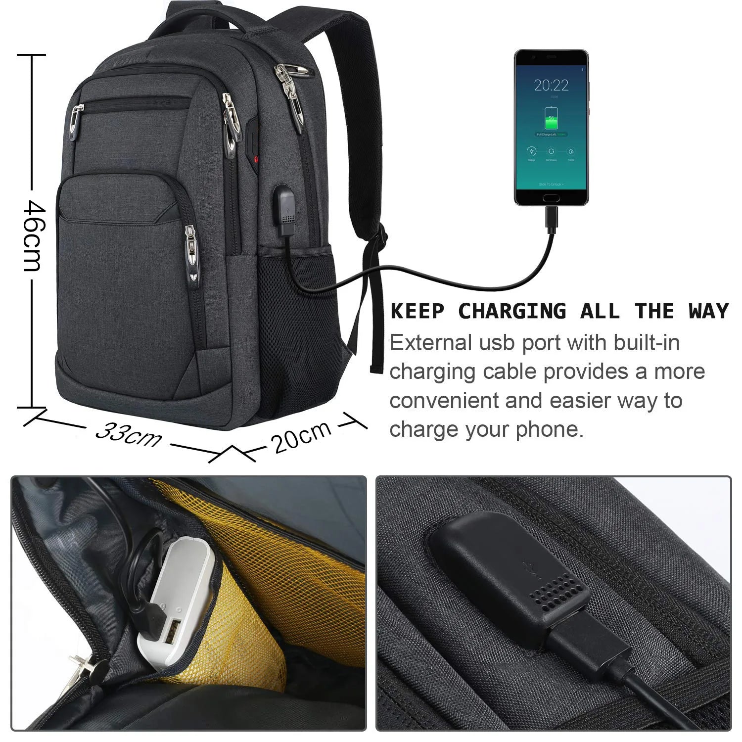 Large Capacity Men Backpack. Suitable for 15.6 Inch Laptop, IPAD or Tablet. Highly versatile use as Travel, Urban, Business, School, Casual, Outdoor and Sports bag. Ergonomic design, USB Port, durable material, water resistant.