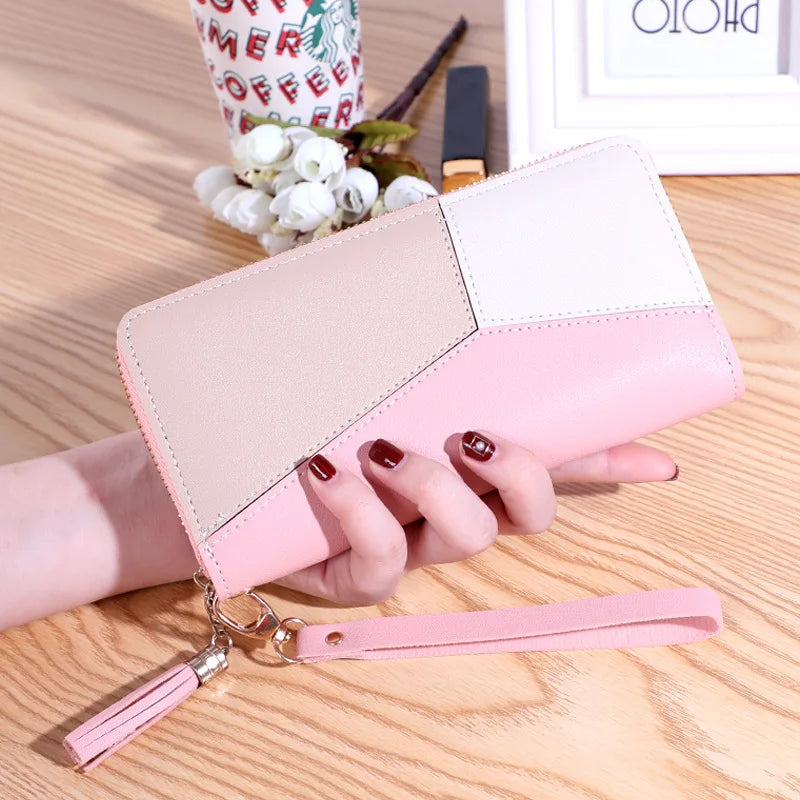 Women's Trendy Wallet with Long Tassel Contrasting Color Zipper Hand-Held Bag Large Capacity Wallet