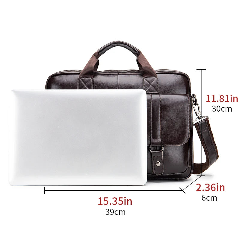 Men's Briefcase Genuine Leather with Double Front Pockets. Large Capacity Computer Bag. Crossover Handbag