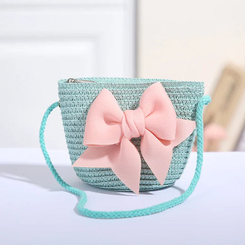 Sweet Bow Girls Shoulder Bag, Braided Summer Handbag, Kids and Girls Coin Purse Wallet, Children Messenger Bags, Woven Material
