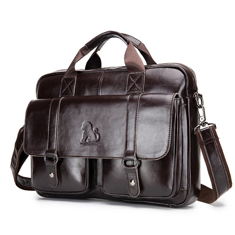 Men's Briefcase Genuine Leather with Double Front Pockets. Large Capacity Computer Bag. Crossover Handbag
