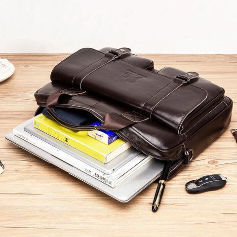 Men's Briefcase Genuine Leather with Double Front Pockets. Large Capacity Computer Bag. Crossover Handbag