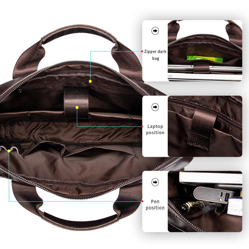 Men's Briefcase Genuine Leather with Double Front Pockets. Large Capacity Computer Bag. Crossover Handbag