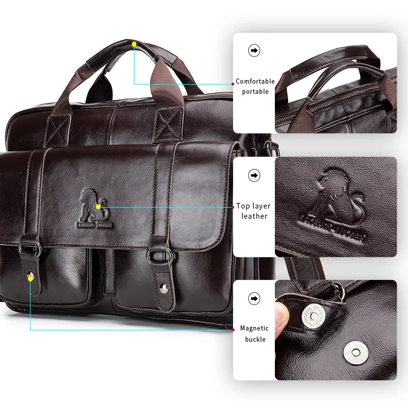 Men's Briefcase Genuine Leather with Double Front Pockets. Large Capacity Computer Bag. Crossover Handbag