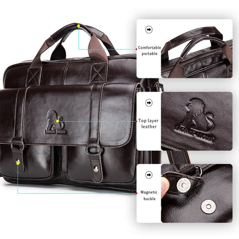 Men's Briefcase Genuine Leather with Double Front Pockets. Large Capacity Computer Bag. Crossover Handbag