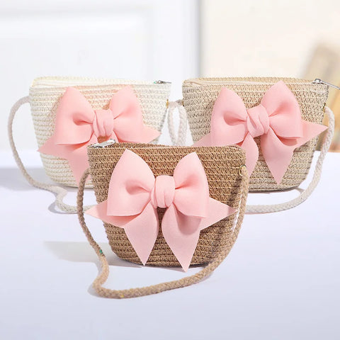 Sweet Bow Girls Shoulder Bag, Braided Summer Handbag, Kids and Girls Coin Purse Wallet, Children Messenger Bags, Woven Material
