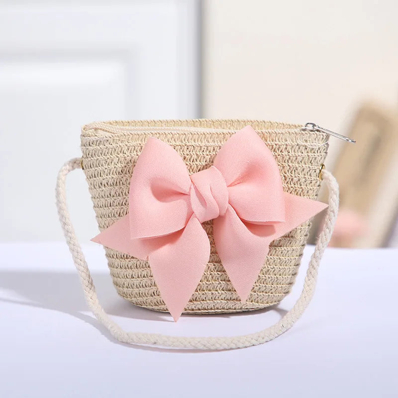 Sweet Bow Girls Shoulder Bag, Braided Summer Handbag, Kids and Girls Coin Purse Wallet, Children Messenger Bags, Woven Material