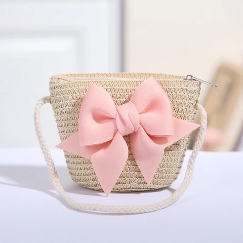 Sweet Bow Girls Shoulder Bag, Braided Summer Handbag, Kids and Girls Coin Purse Wallet, Children Messenger Bags, Woven Material