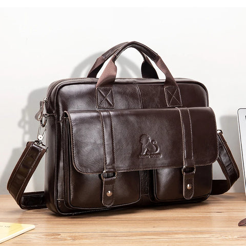 Men's Briefcase Genuine Leather with Double Front Pockets. Large Capacity Computer Bag. Crossover Handbag