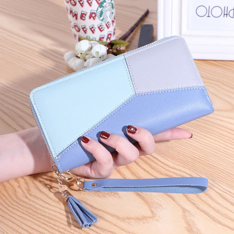 Women's Trendy Wallet with Long Tassel Contrasting Color Zipper Hand-Held Bag Large Capacity Wallet