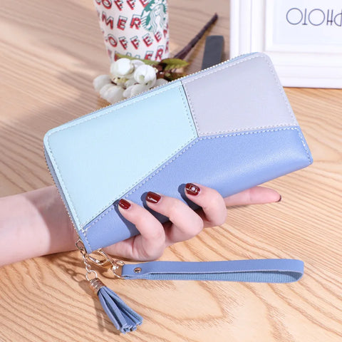 Women's Trendy Wallet with Long Tassel Contrasting Color Zipper Hand-Held Bag Large Capacity Wallet