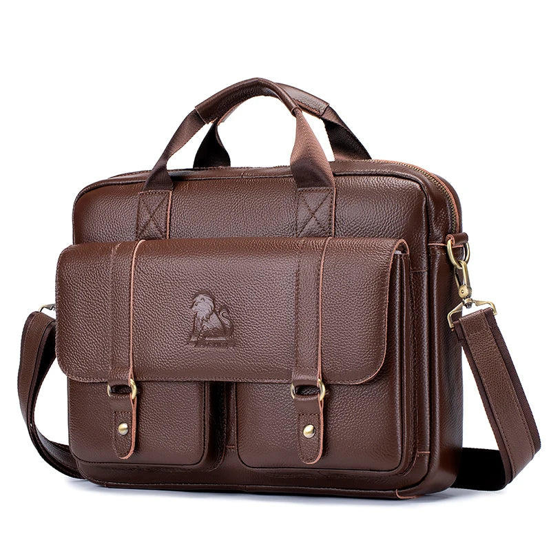 Men's Briefcase Genuine Leather with Double Front Pockets. Large Capacity Computer Bag. Crossover Handbag