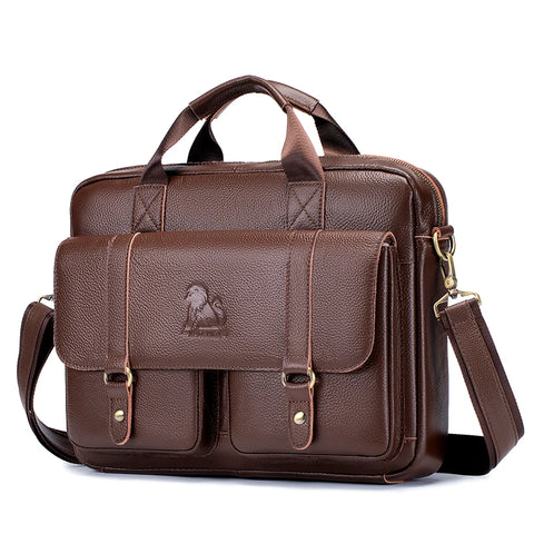 Men's Briefcase Genuine Leather with Double Front Pockets. Large Capacity Computer Bag. Crossover Handbag