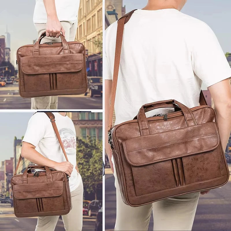 Men's 15.6 Inch Laptop Crossbody Bag PU Leather Shoulder Backpack Suitable for Business, Casual and Travel Use